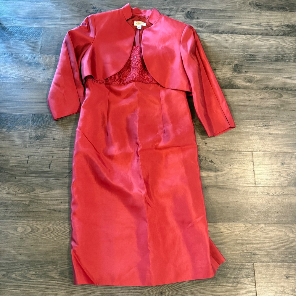 Talbots Red Lace Sequin Sheath Dress and Bolero Jacket Set Size 12 Formal Wear